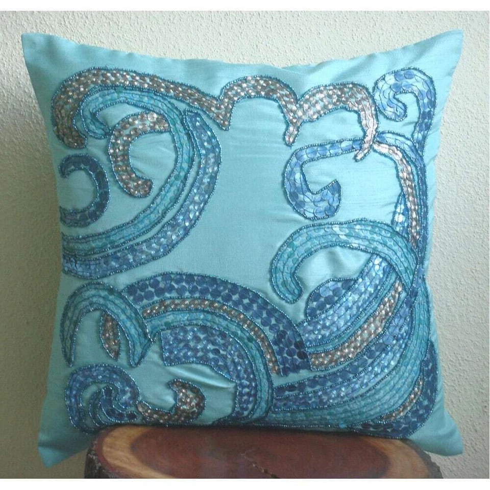 Pillow Cover Blue 16"x16", Couch Decor Silk Waves Sequins Embellished - Tides - Image 3 of 3