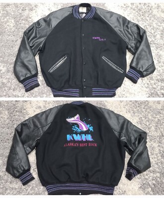 VTG KWHL 106.5 ALASKA ROCK Delong Letterman Wool Leather Varsity Jacket XL 80s