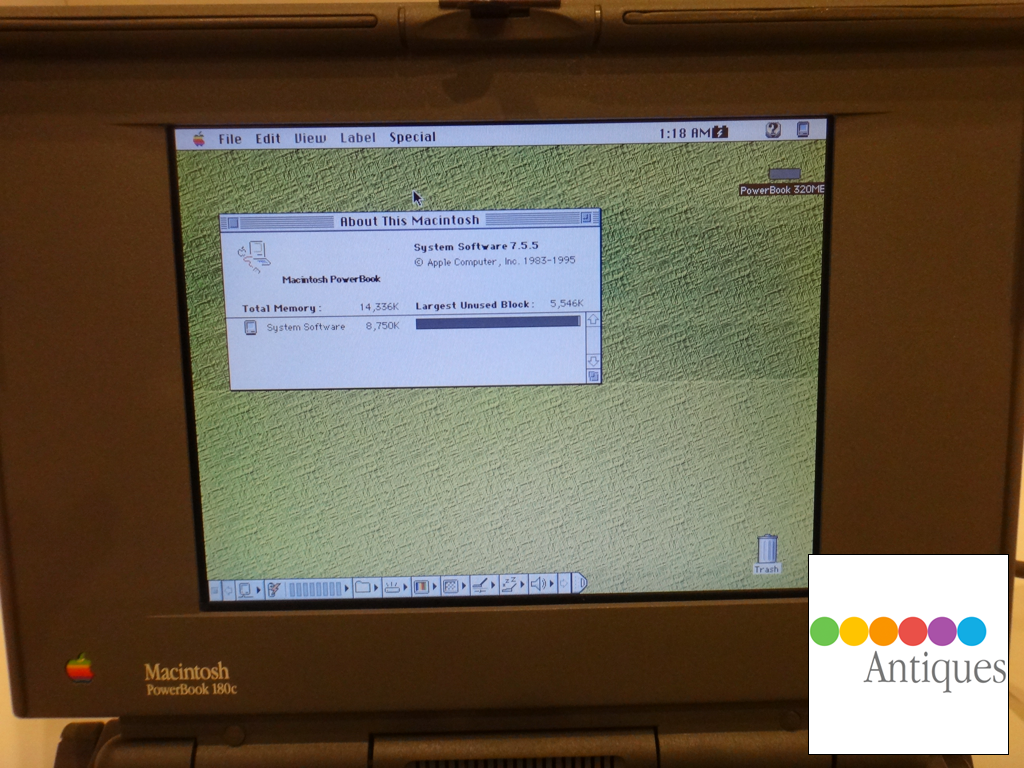 Apple Macintosh PowerBook 180c 68030 8MB RAM 750MB HD Mac OS 7.6.1