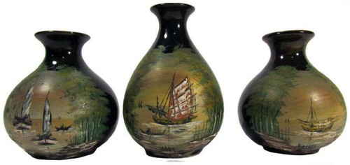 Vases Set 3 Handpainted Hong Kong Ships 1970s Ceramic Art 10 & 12 cm Tall - 第 1/12 張圖片