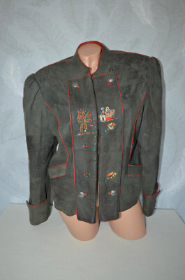 Dunkelgrüne Leder Trachtenjacke Retro Jacker bestickt Zweireiher Optik,Gr. 38 40