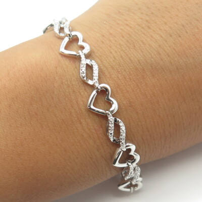 SUN 925 Sterling Silver Real Round-Cut White Diamond Heart Link