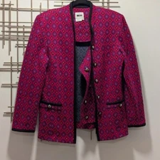 VTG Leslie Fay Fuchsia & Blue Geo Print Blazer Women's Size 14 Office Old Money