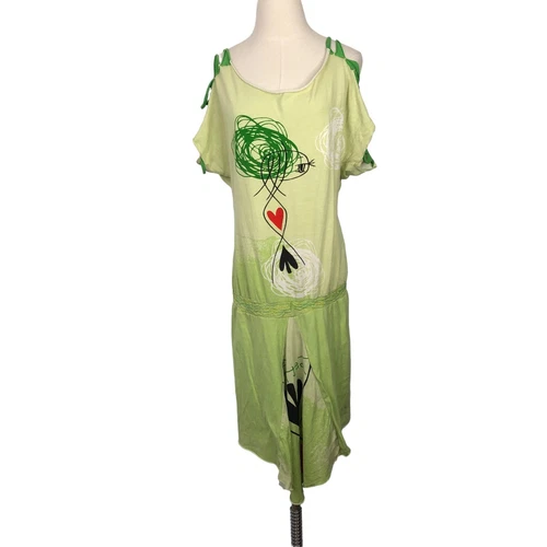 Paramita Dress Medium Cotton Artsy Graphic Embroidered Drop Waist Cold Shoulder