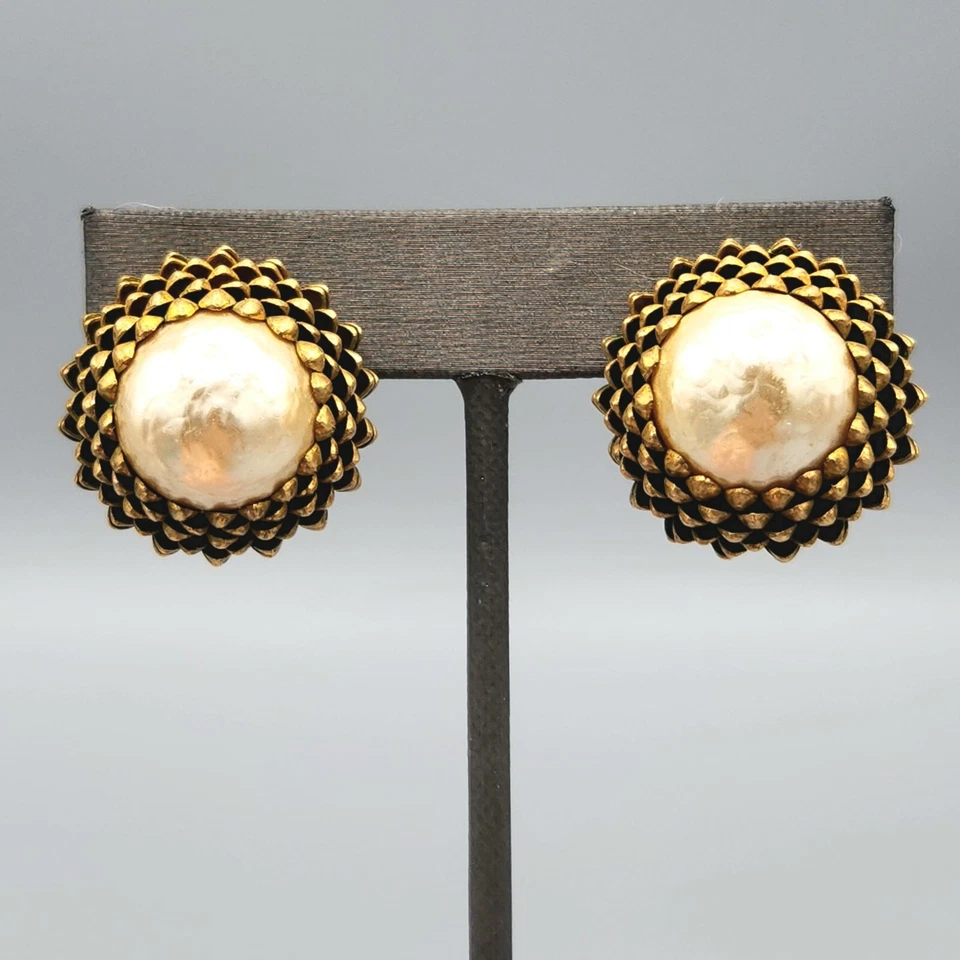 Miriam Haskell Signed Faux Baroque Pearl Acorn Gold Tone Button Clip Earrings - Image 2 of 4