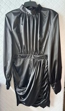 Glamaker Satin Dress Women’s Size M Black Ruched Long Sleeve Bodycon Dress