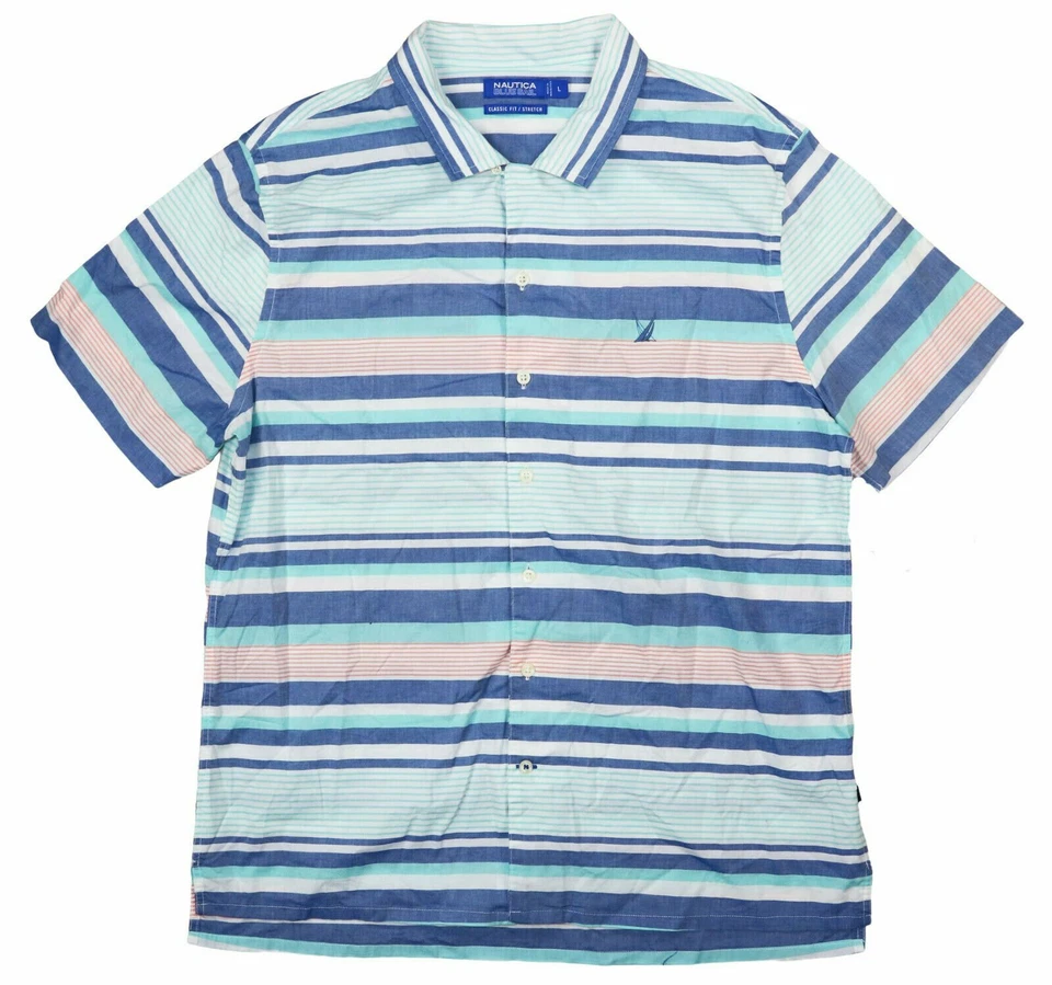 Camisa Nautica Azul Vela Estampado Rayas Calce Clásico Manga Corta Con Botones Nueva con Etiquetas