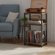 Record Player Stand 3 Tier End Table Vinyl Storage Rustic Brown
