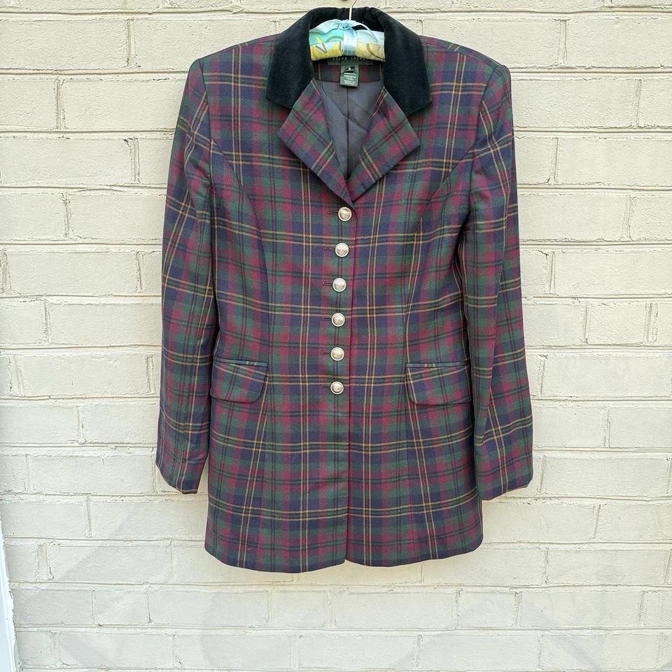 VTG Ralph Lauren Wool Equestrian Riding Jacket Blazer Velvet Collar Plaid Sz 6 - Image 3 of 4