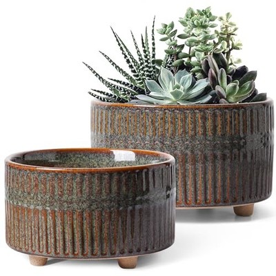  Succulent Pots, 6.5+8 Inch Ceramic Pots for Plants Reactive Glaze Black