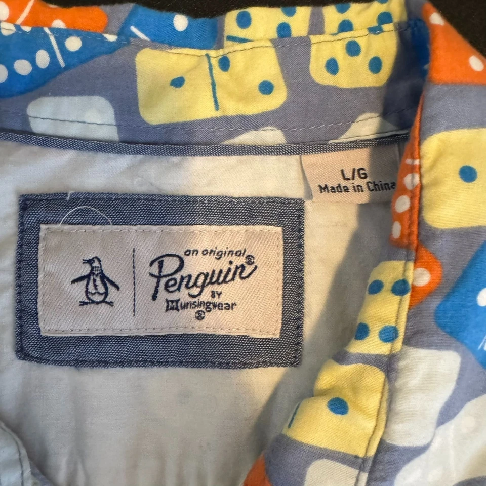 Camisa abotonada manga corta con estampado de dominó azul y naranja original Penguin para hombre Foto 3 de 4