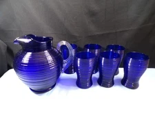 Imperial Cobalt Blue Glass Spun Reeded Water Set - Pitcher & 6 Tumblers