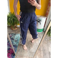 Vintage Adidas Track Pants Mens M Blue Nylon 3 Stripe Embroidered Logo Y2K Zip