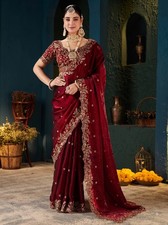 Maroon Pure Silk Banarasi Saree Women Gold Embroidered with unstitched blouse