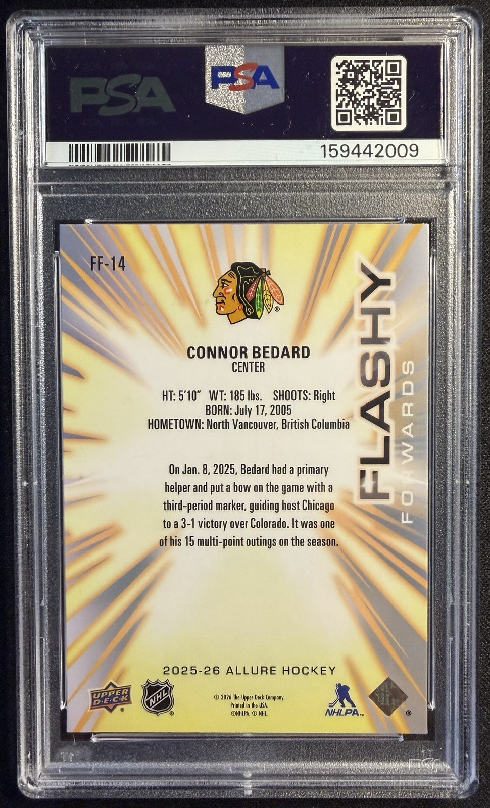 2025-26 UD Allure Connor Bedard Flashy Forwards #FF-14 PSA 10 GEM MINT view 2