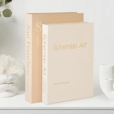 Aesthetic Linen Covered Decorative Books - 2-piece Set Decor Boxes for Booksh...