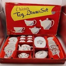 Vintage Childs Toy Tea Dinner Play Set 6 Cups Saucers Plates Teapot Jar Boxed