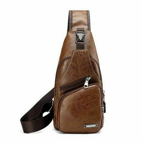 Mens Sling Backpack PU Leather Cross Body Chest Bag Fanny Packs USB Charging NEW - Picture 10 of 15