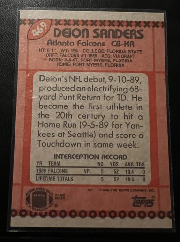 ┥1990 Topps DEION SANDERS Novato Tarjeta de radiocontrol #469 Falcons TOPPS SUPER NOVATO HOF - Imagen 2 de 3