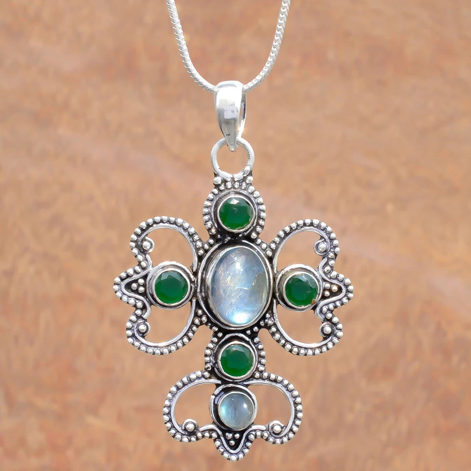 Labradorita y piedras preciosas de ónix verde cruz de plata de ley 925 joyería de nueva llegada Foto 2 de 4