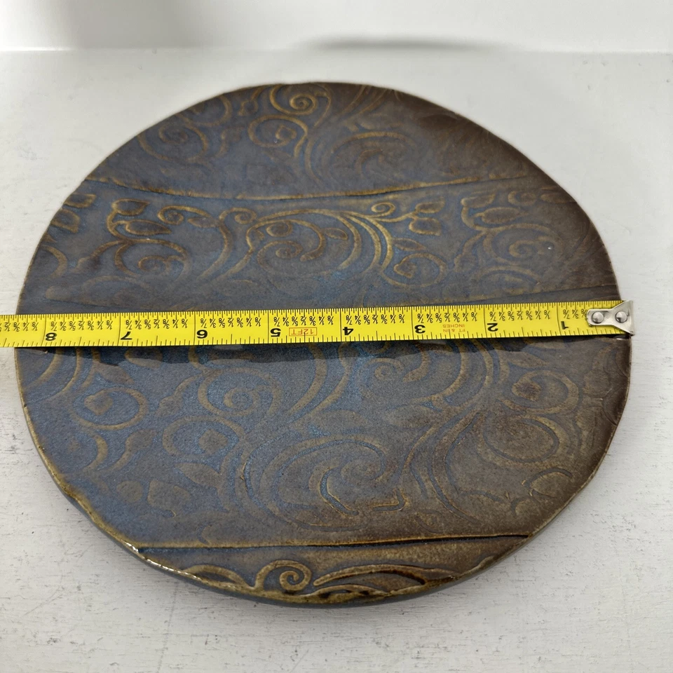 Plato de cerámica Mid Century hecho a mano colgante de pared tonos azules marrones 8,5 pulgadas grande Foto 4 de 4