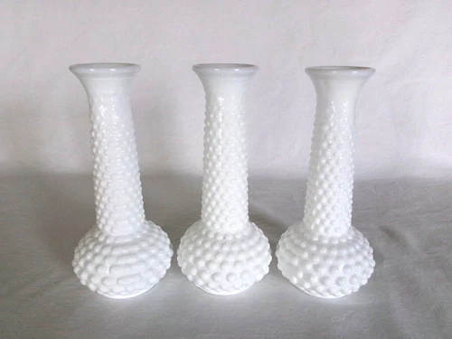 3 Vintage BRODY USA MILK GLASS HOBNAIL 7 3/4" BUD FLOWER VASES - Wedding Party