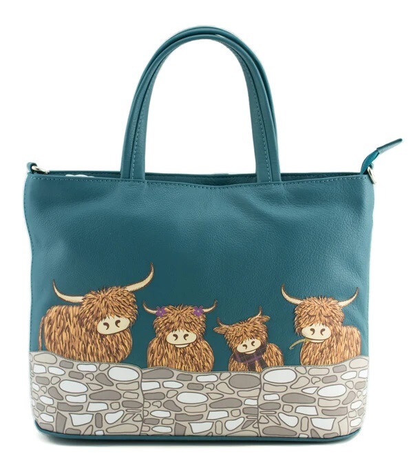 Mala Leather Bella Family Highland Cow Grab Shoulder Handbag + Dust Bag Teal