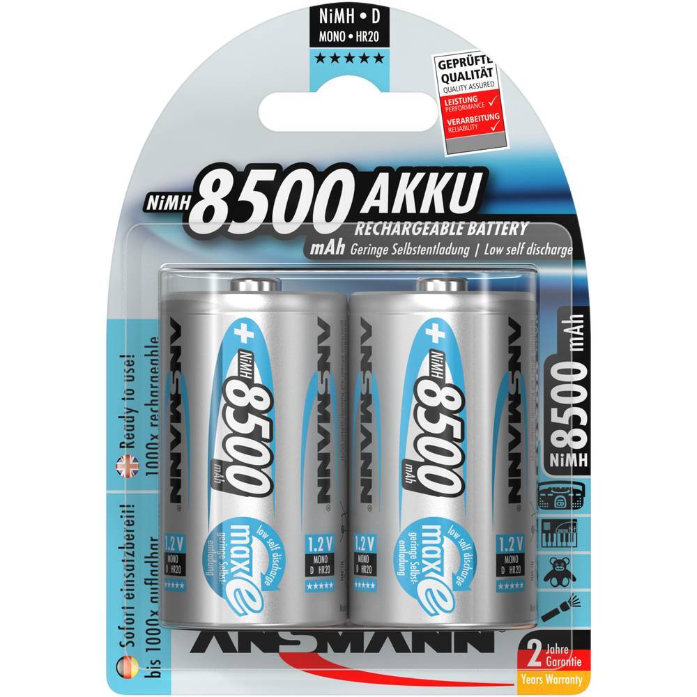Thumbnail - 2er Multipack Ansmann Maxe Hr20 Mono (d)-akku Nimh 8500 Mah 1.2 V 2