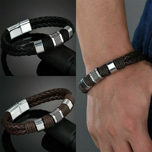 Black Mens Boys Leather Braided Wristband Bracelet Stainless Steel Bangle Gift - Picture 6 of 12