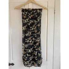 Banjara Black Scarf with Multicolor Bird Print Rayon Green Orange White Flowy