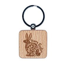 Happy Easter Floral Designer Bunny Engraved Wood Square Keychain Tag Charm