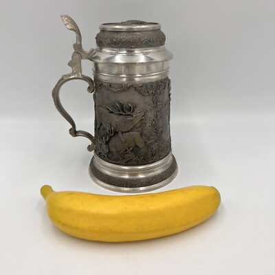 #ad #ad Munzel Koblenz Pewter Hunter Scene German Beer Stein Elk Deer Pheasant 3D Relief $199.99