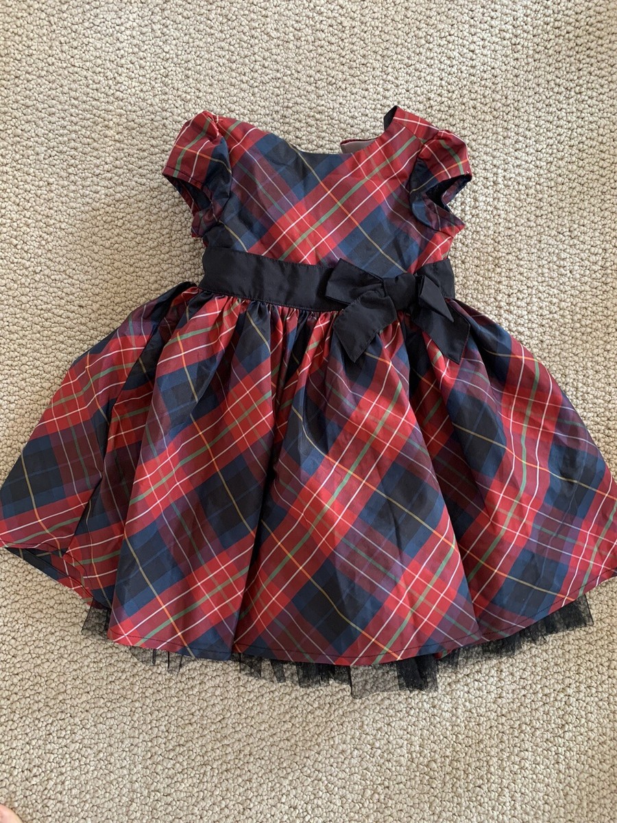 Girl's BABY GAP Red Black TARTAN Plaid TAFFETA Dress 6-12 Tulle Holiday  Party
