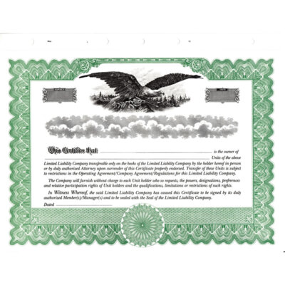 NEW Short Form Green LLC Certificate Size 8-1/2'' Tall x 11'' Wide