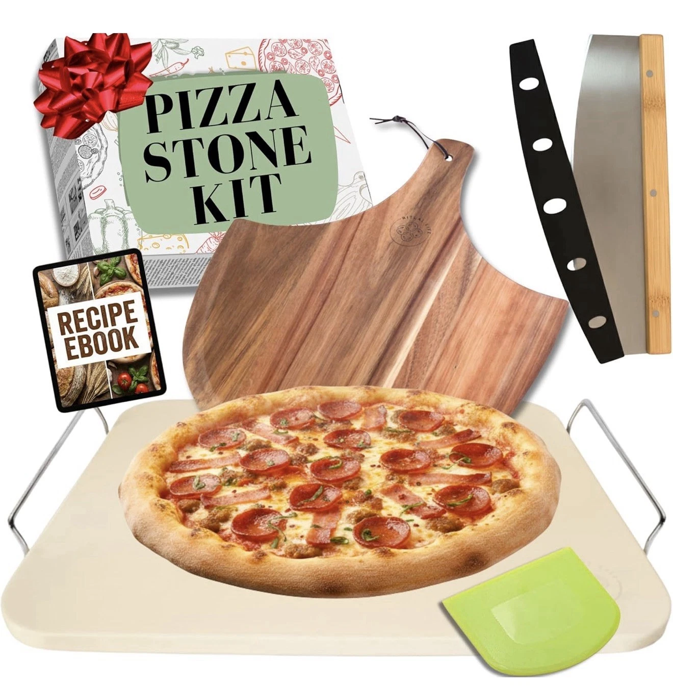 Pizza Stone for Oven and Grill Set - 5PCS Pizza Making Accessories Kit - 15 inch