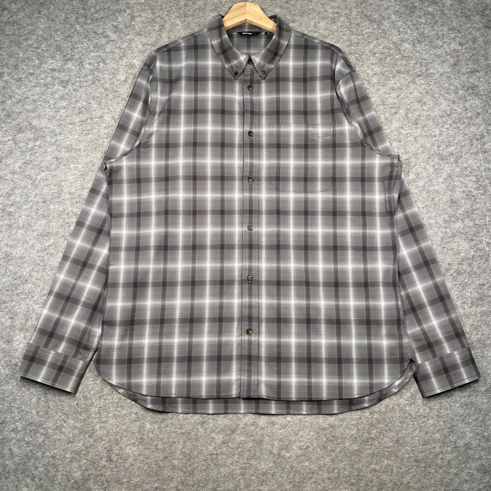 Rohan Dover Shirt Mens Large Grey Check Plaid Pocket Walking Hiking Outdoor