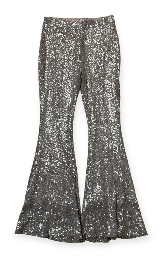 Pantalones acampanados con lentejuelas plateadas Avec Les Filles M cintura alta fiesta glamour elástico Holida Foto 2 de 4
