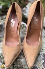 Gianni Versace Suede Pumps Camel Tan Pointed Toe Block Heel EU 38 US 8