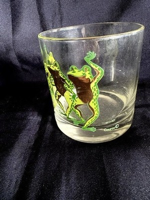 One Couroc Monterey Green & Gold Dancing Frog Old Fashioned Drinking Glass MINT