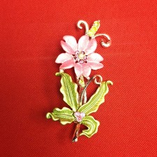 Vintage Pink Flower Enamel Rhinestone Brooch Pin