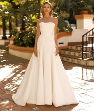 Romantic Simple Satin Wedding Dress Wedding Dress 32-60 Buttons Ivory Sleeveless