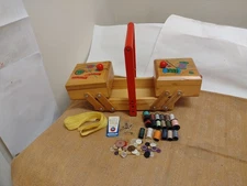Vintage Wooden Accordion Sewing  Box  Red Handle  10"X5"X5"  Notions 