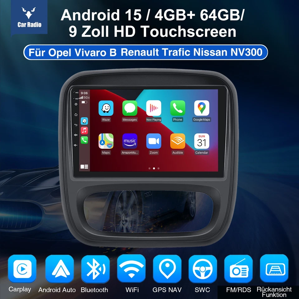 Für Opel Vivaro B Renault Trafic DAB+ CarPlay Autoradio Android15 GPS Navi 4+64G - Bild 2 von 4