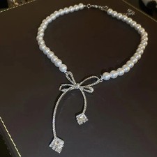 Collar de perlas de imitación con arco colgante de diamantes de imitación cadena de collar para mujer joyería