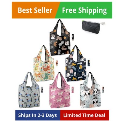 6 Pack Cats Reusable Grocery Bags Gifts for Cat Lovers with Elastic Band Reus...