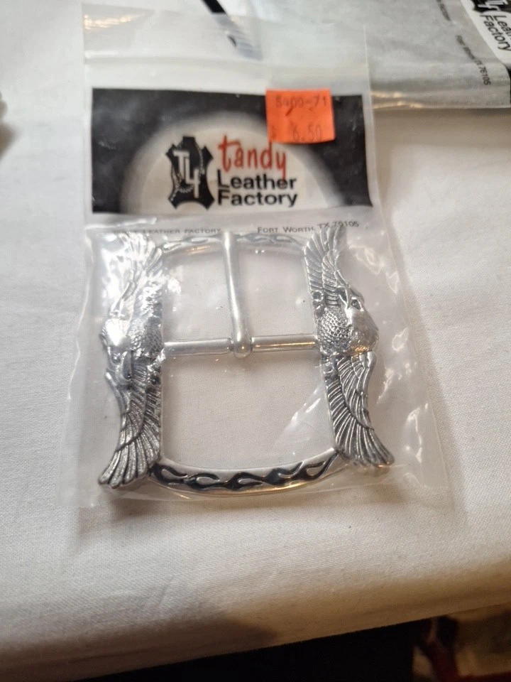 Tandy Leather Factory Belt Buckles Lot Of 4 And Leather Belt Strip 53in Long - Image 2 of 4