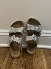 Girls Sz 2 Sparkly Silver Glitter Double Strap Buckle Slides Slip On Summer