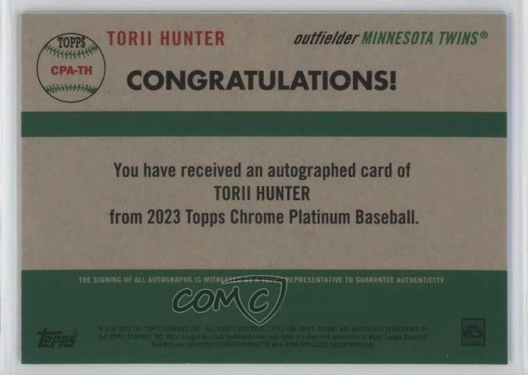 2023 Topps Chrome Platinum Anniversary Aqua Refractor /150 Torii Hunter Auto - Image 2 of 2