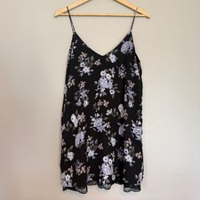 Y2K Womens Medium Black Floral Lace Trim V-Neck Mini Slip Dress Fairy Whimsigoth