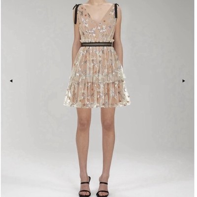 Self-Portrait Star Embellished Tiered Mini Dress Nude Mesh Embroidered US0/UK 4
